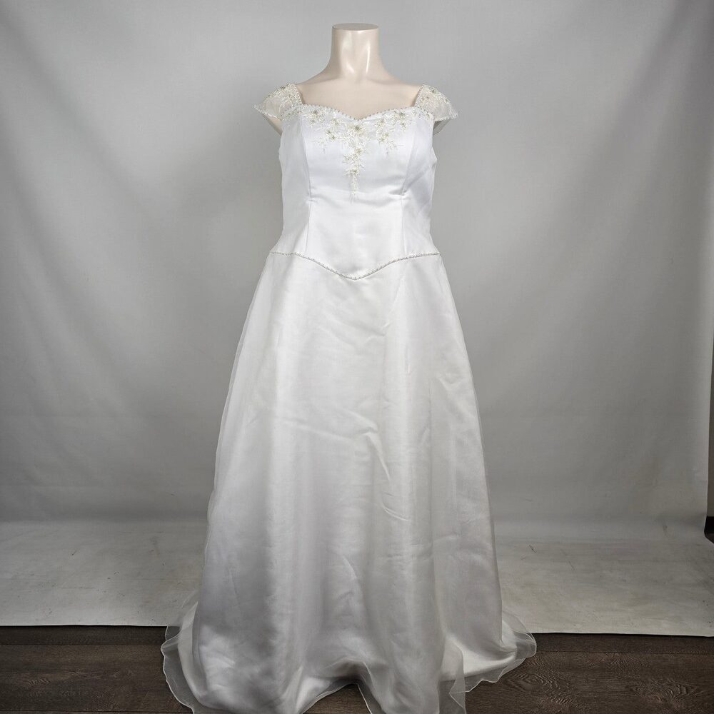 White Satin Bridal Gown Embroidered Cap Sleeve Venus Plus Size Wedding Dress 24W